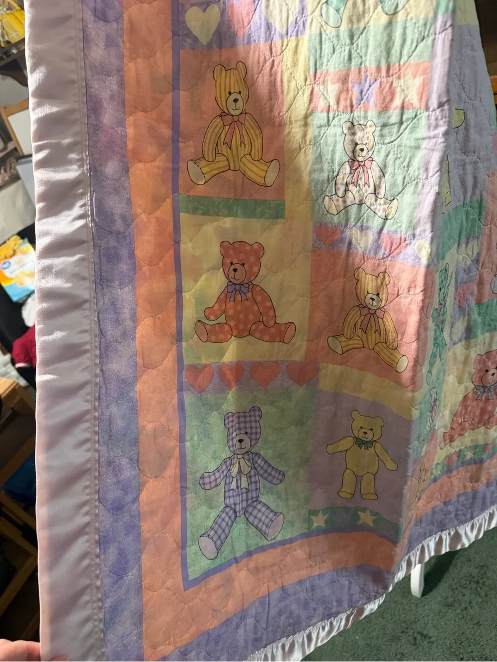 Vintage Pastel Teddy Bear Quilted Throw Baby Blanket - Pink, Lavender & Mint
